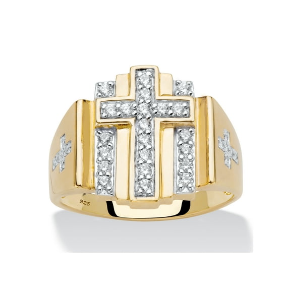 PalmBeach Jewelry Men's .50 TCW Round Cubic Zirconia 18k Gold-plated Sterling Silver Layered Cross Ring