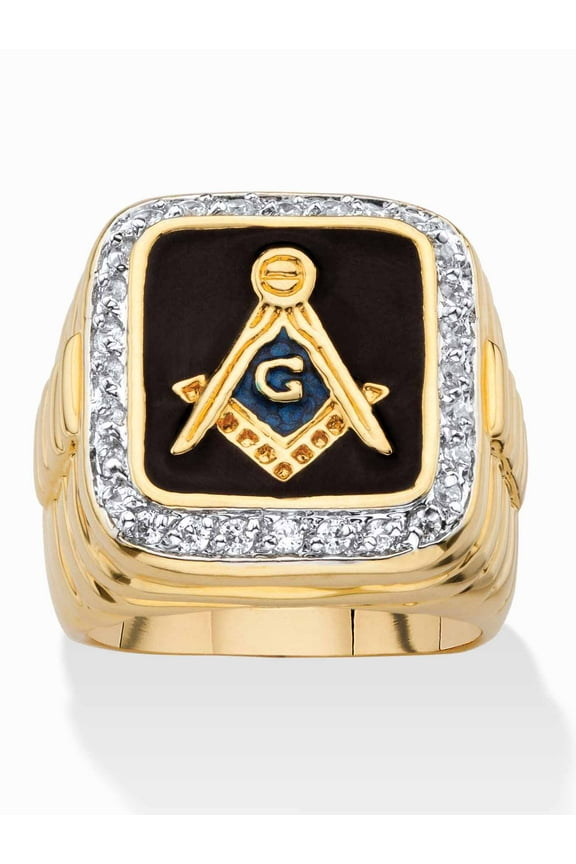 Men's .59 TCW Square Enamel and Cubic Zirconia Yellow Gold-Plated Masonic Ring