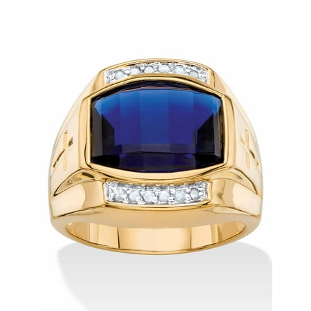 Men's 7.61 TCW Cushion-Cut Created Blue Sapphire and Diamond Ring Yellow Gold-Plated