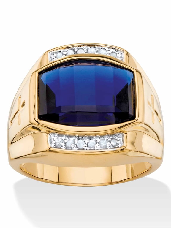 Men's 7.61 TCW Cushion-Cut Created Red Ruby or Blue Sapphire and Diamond Ring Yellow Gold-Plated