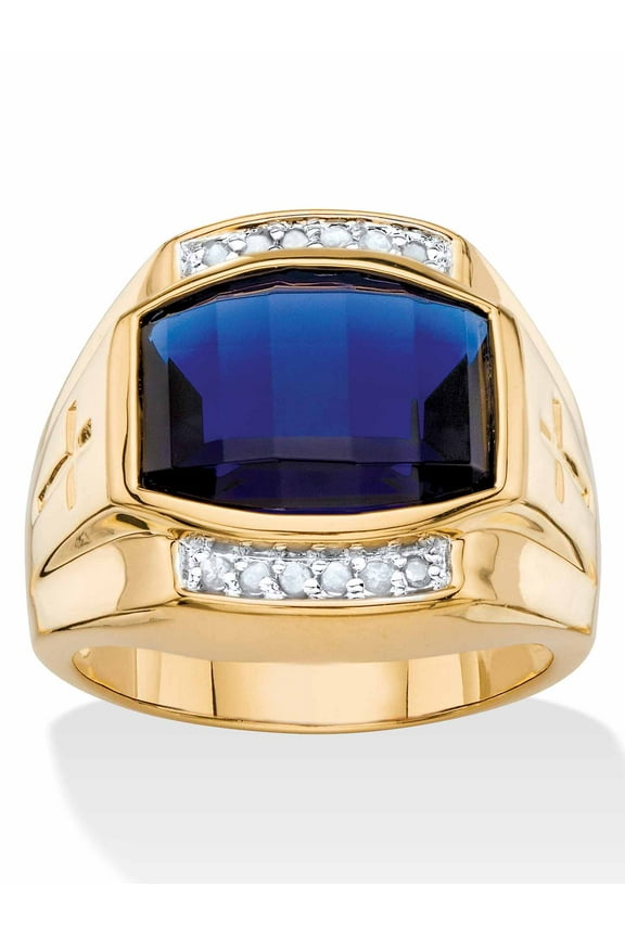 Men's 7.61 TCW Cushion-Cut Created Blue Sapphire and Diamond Ring Yellow Gold-Plated