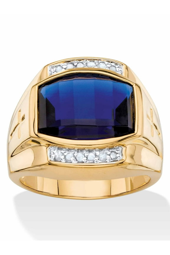 Men's 7.61 TCW Cushion-Cut Created Blue Sapphire and Diamond Ring Yellow Gold-Plated