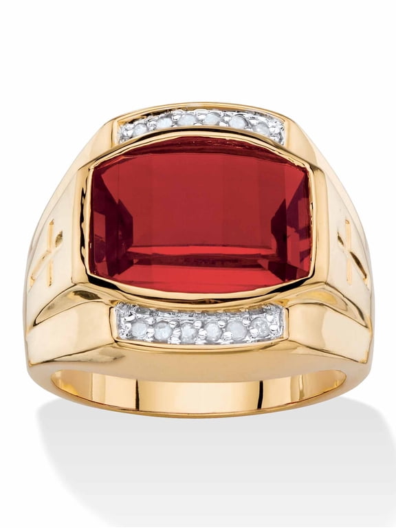 Men's 7.61 TCW Cushion-Cut Created Red Ruby or Blue Sapphire and Diamond Ring Yellow Gold-Plated