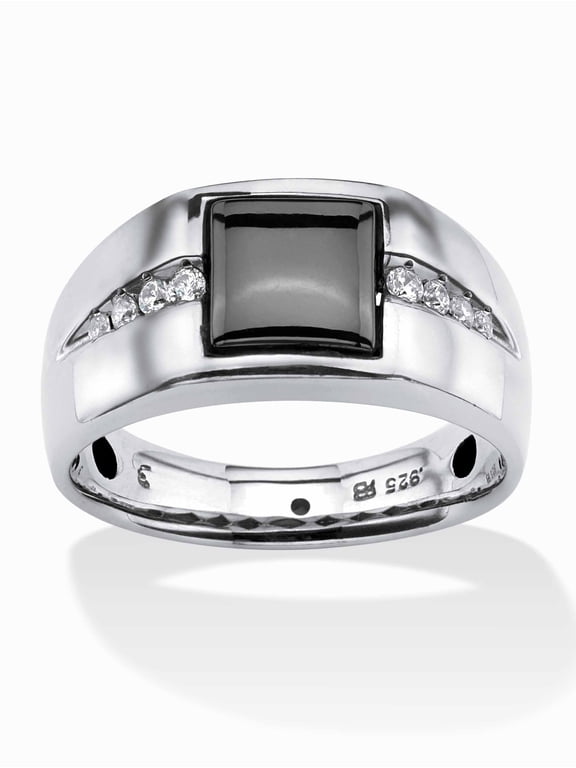 Men's Bezel-Set Genuine Charcoal Hematite and White Sapphire Ring .36 TCW in Yellow Gold-Plated or Platinum-Plated Sterling Silver