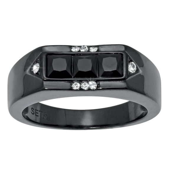 PalmBeach Jewelry Men's Black Glass with Crystal Accents Black Ion-Plated Stainless Steel Ring
