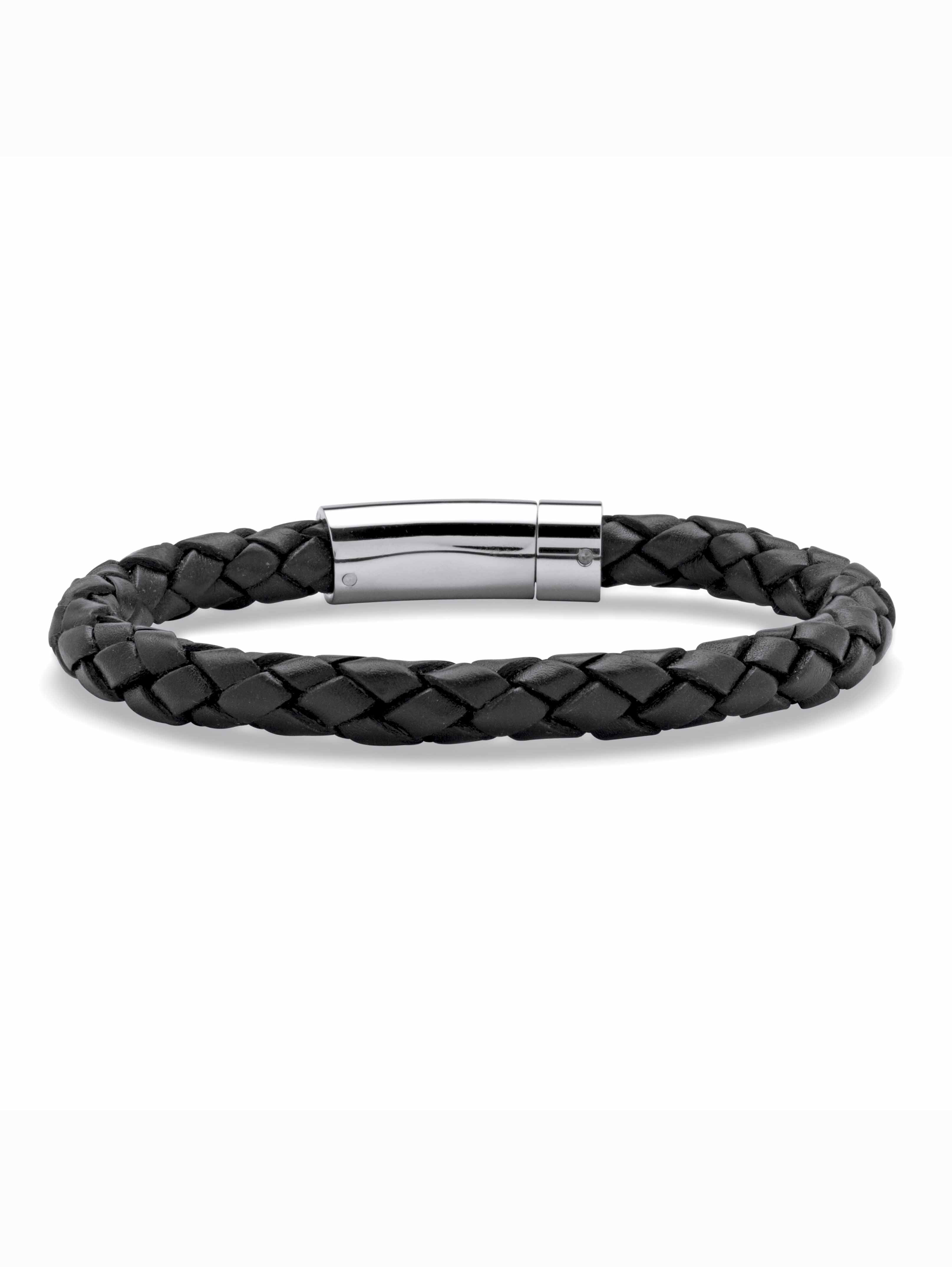 PalmBeach Jewelry Men's Black Leather Bracelet with Stainless Steel Slip Lock Closure 9" or 10"