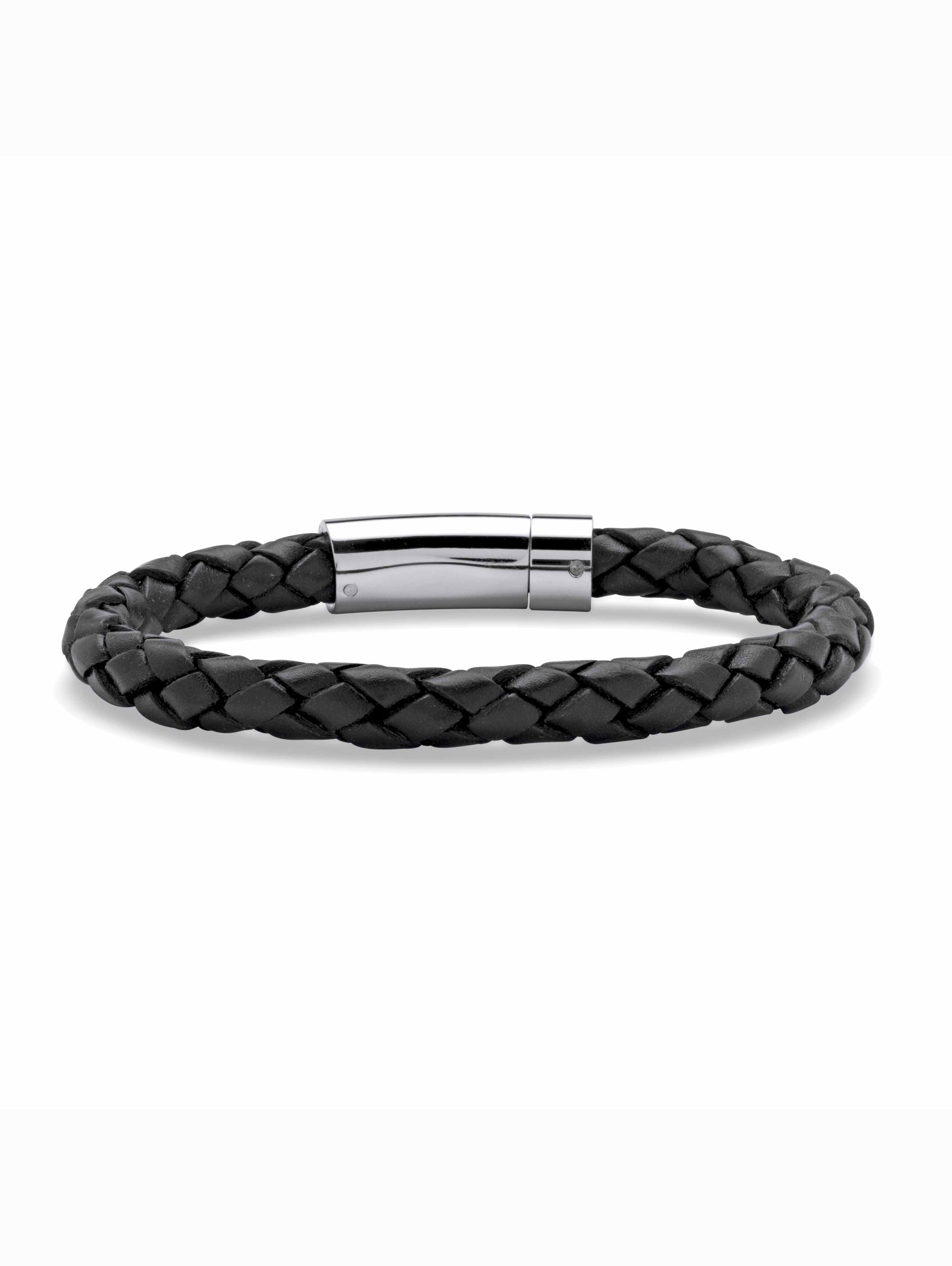 PalmBeach Jewelry Men's Black Leather Bracelet with Stainless Steel Slip Lock Closure 9" or 10"