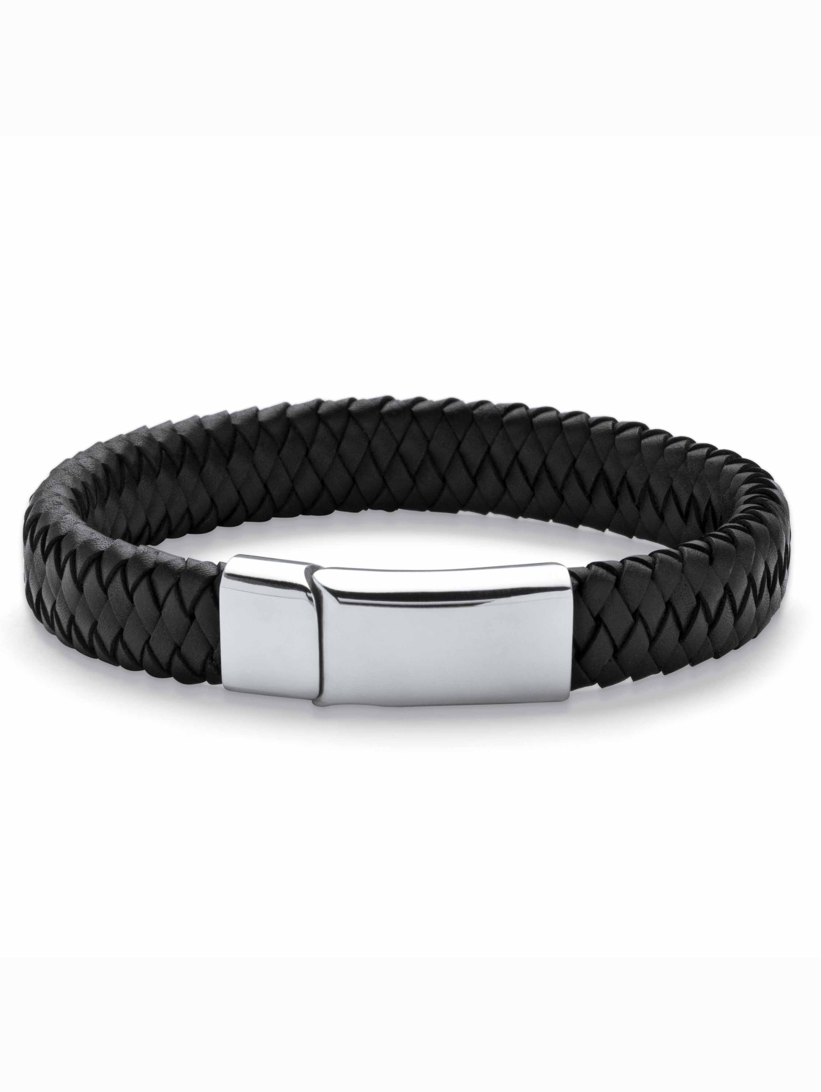 PalmBeach Jewelry Men's Black or Brown Woven Leather and Stainless Steel Bracelet with Magnetic Closure 9" or 10"