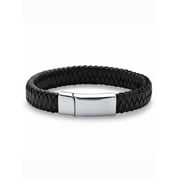 PALMBEACH JEWELRY Men's Black or Brown Woven Leather and Stainless Steel Bracelet with Magnetic Closure 9" or 10"