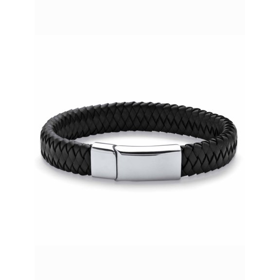PalmBeach Jewelry Men's Black or Brown Woven Leather and Stainless Steel Bracelet with Magnetic Closure 9" or 10"