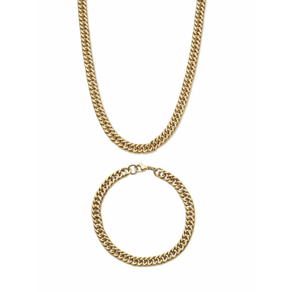 PalmBeach Jewelry Men's Curb Link Gold Ion-Plated Stainless Steel 2 Piece Chain and Bracelet Set (6mm)