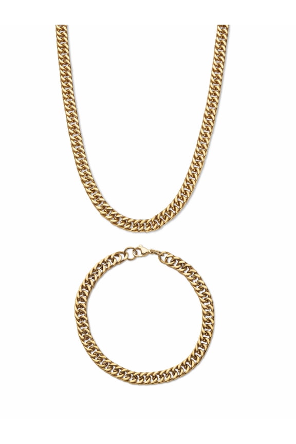 Men's Curb Link Gold Ion-Plated Stainless Steel 2 Piece Chain and Bracelet Set (6mm)