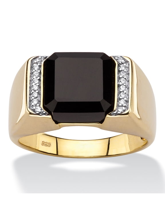 Men's Genuine Black Onyx and CZ Accent 18k Gold-plated Silver Square Ring