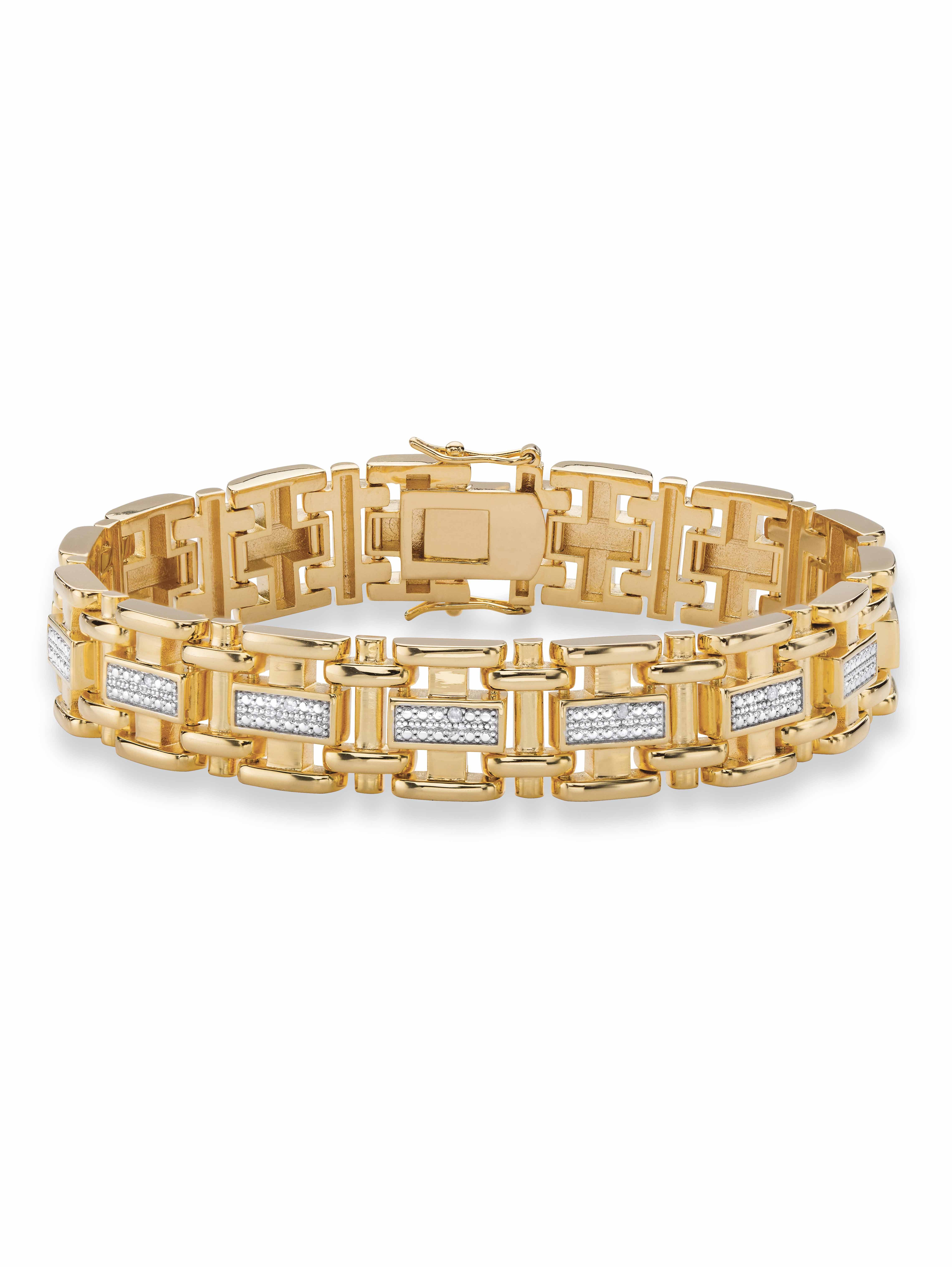 PalmBeach Jewelry Men's Diamond Accent Pave-Style Two-Tone Bar-Link Bracelet Yellow Gold-Plated 8.5"