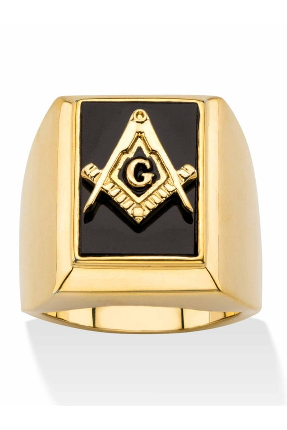 Men's Emerald-Cut Genuine Black Onyx Masonic Square and Compasses Cabochon Ring Gold-Plated