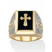 PALMBEACH JEWELRY Men's Emerald-Cut Genuine Black Onyx Praying Hands or Textured Cross Two-Tone Ring Gold-Plated