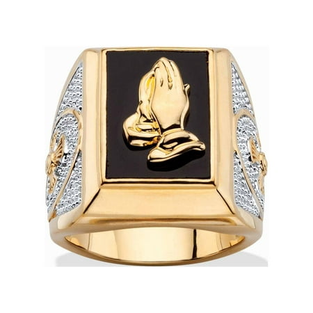 PalmBeach Jewelry Men's Emerald-Cut Genuine Black Onyx Praying Hands or Textured Cross Two-Tone Ring Gold-Plated