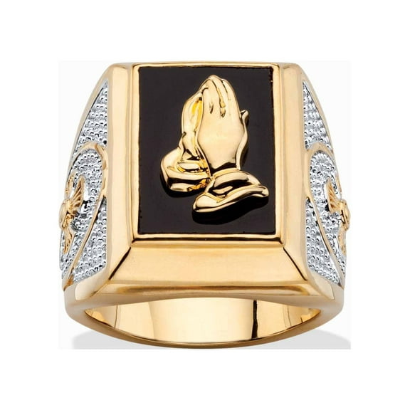 PalmBeach Jewelry Men's Emerald-Cut Genuine Black Onyx Praying Hands or Textured Cross Two-Tone Ring Gold-Plated