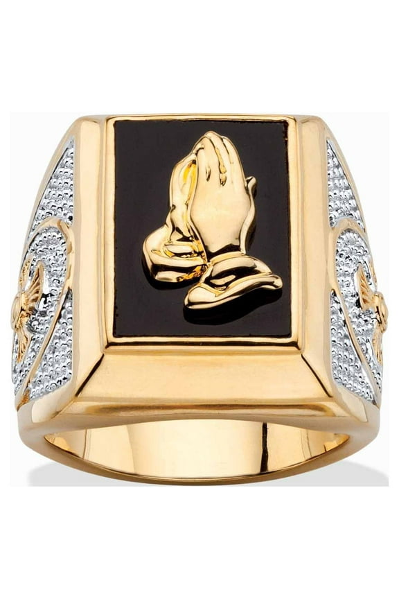 Men's Emerald-Cut Genuine Black Onyx Praying Hands or Textured Cross Two-Tone Ring Gold-Plated