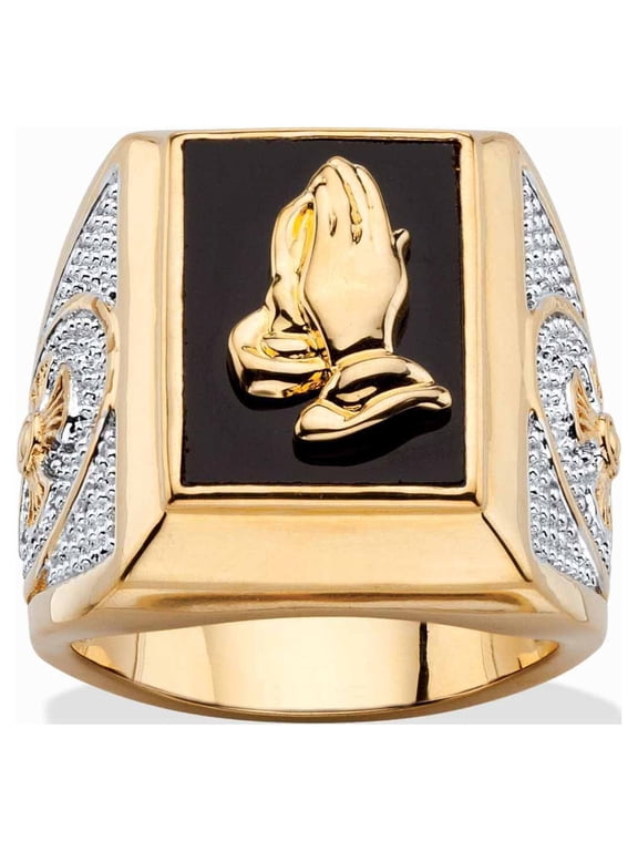 Men's Emerald-Cut Genuine Black Onyx Praying Hands or Textured Cross Two-Tone Ring Gold-Plated