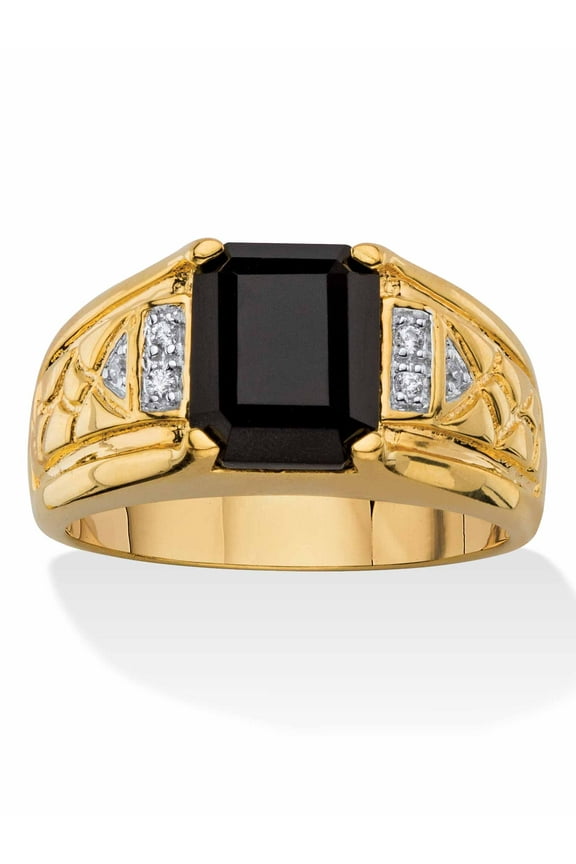 Men's Emerald-Cut Genuine Black Onyx and Diamond Accent Etched Ring 18k Gold-Plated