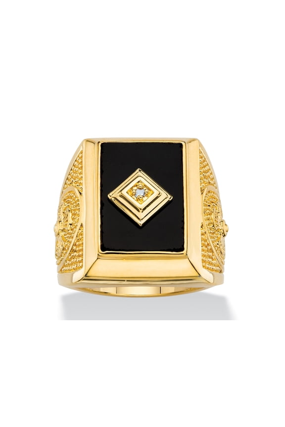 Men's Emerald-Cut Genuine Black Onyx and Diamond Accent Textured Cross Ring Gold-Plated