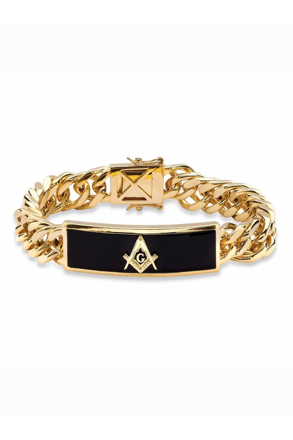 Men's Genuine Black Onyx Masonic Insignia Curb-Link Bracelet Gold-Plated 8"