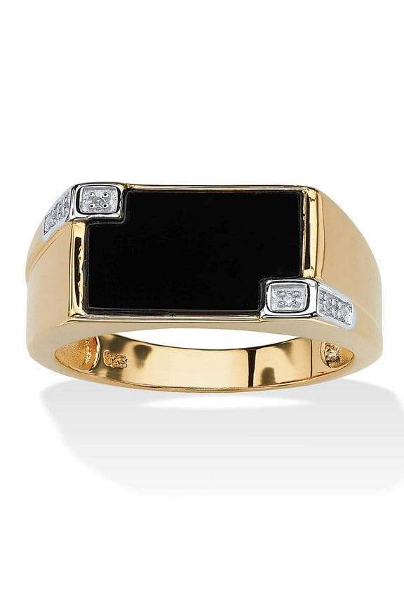 Men's Genuine Onyx and Diamond Accent Rectangular Ring in 14k Gold-plated Sterling Silver