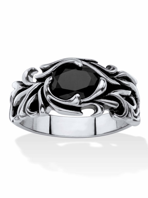Men's Oval-Cut Black Crystal Scrolling Leaf Ring in Antiqued Stainless Steel