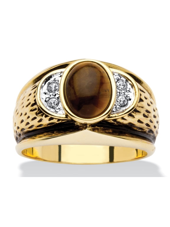 Men's Oval-Shaped Genuine Tiger's Eye Crystal Accent Yellow Gold-Plated Antique-Finish Ring