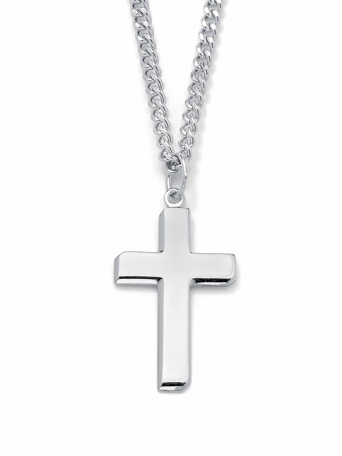 PALMBEACH JEWELRY Men's Rhodium-Plated Sterling Silver Cross Pendant and Stainless Steel Curb-Link Chain Necklace 24"