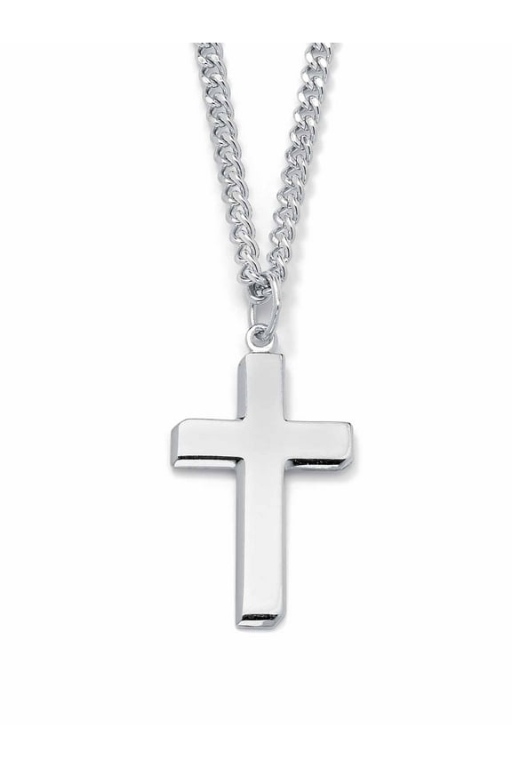 Men's Rhodium-Plated Sterling Silver Cross Pendant and Stainless Steel Curb-Link Chain Necklace 24"