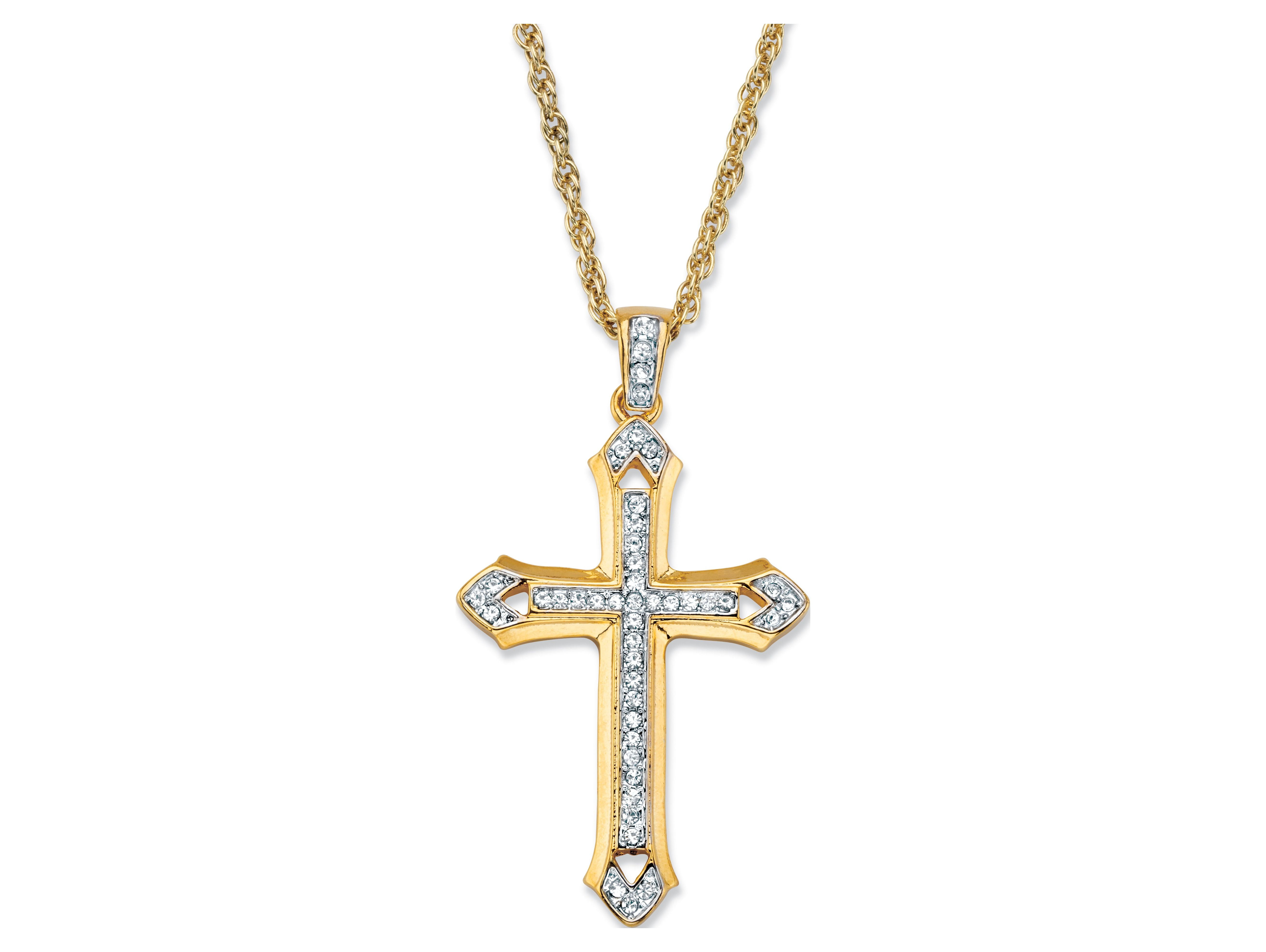PALMBEACH JEWELRY Men's Round Crystal Cross Pendant (32mm) Necklace with Rope Chain in Goldtone 24"