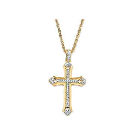 PalmBeach Jewelry Men's Round Crystal Cross Pendant (32mm) Necklace with Rope Chain in Goldtone 24"