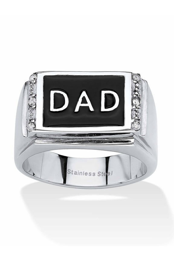 Men's Round Crystal "Dad" Ring in Stainless Steel & Black Enamel