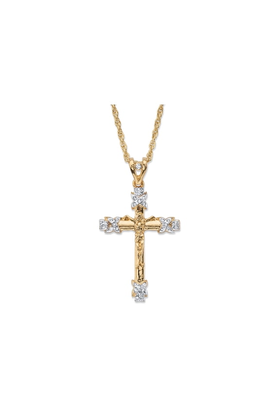 Men's Round Crystal-Wrapped Crucifix Cross Pendant Necklace with Rope Chain in Goldtone 24"