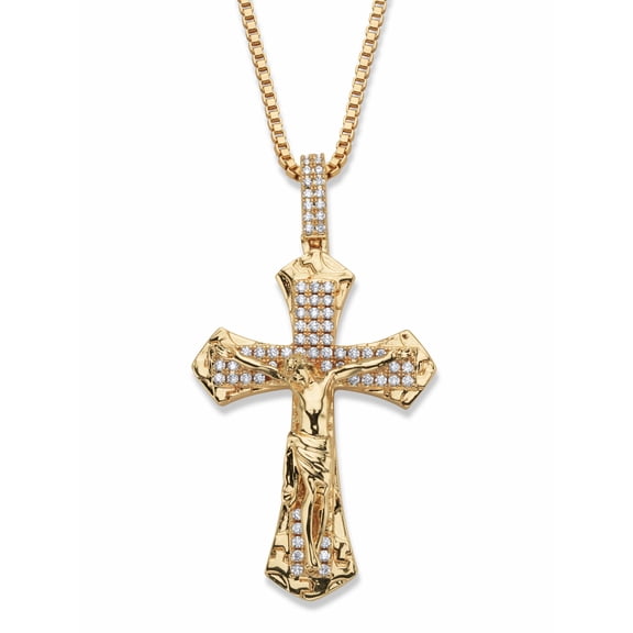 PalmBeach Jewelry Men's Round Cubic Zirconia Crucifix Pendant Necklace 2.05 TCW Gold-Plated 22"