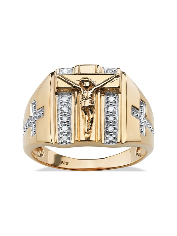 Men's Round Diamond Crucifix and Cross Ring 1/10 TCW in 18k Gold-Plated or Sterling Silver