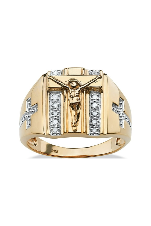 Men's Round Diamond Crucifix and Cross Ring 1/10 TCW in 18k Gold-Plated or Sterling Silver