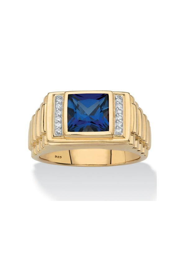 Men's Square-Cut Created Red Ruby or Blue Sapphire and Diamond Accent Ring in 18k Gold-plated Sterling Silver