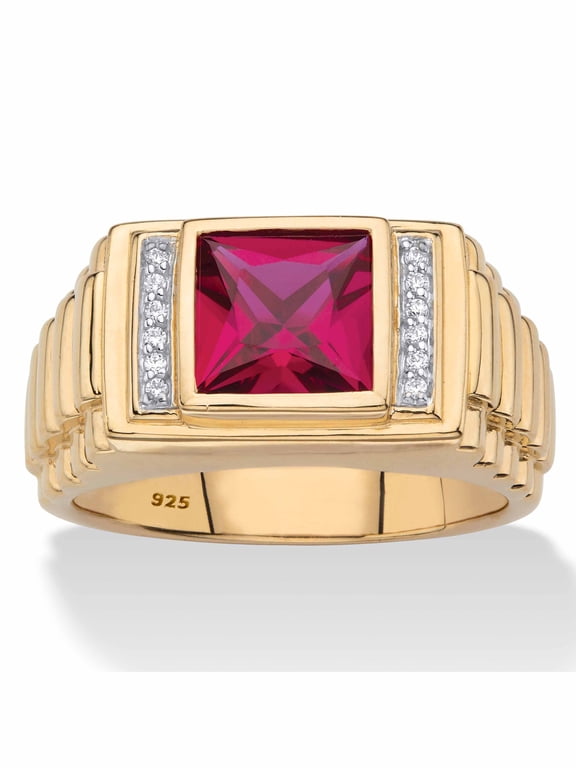 Men's Square-Cut Created Red Ruby or Blue Sapphire and Diamond Accent Ring in 18k Gold-plated Sterling Silver