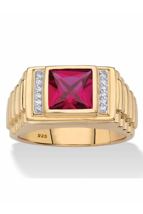 Men's Square-Cut Created Red Ruby or Blue Sapphire and Diamond Accent Ring in 18k Gold-plated Sterling Silver