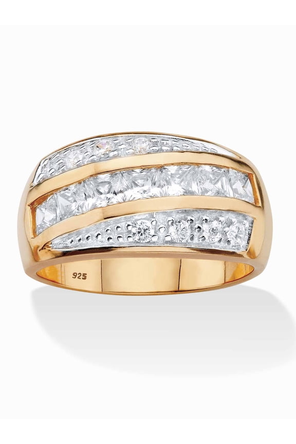 Men's Square Cut Genuine Red Garnet Blue Sapphire or White Cubic Zirconia and CZ Channel Set Ring 14k Gold Plated .925 Silver