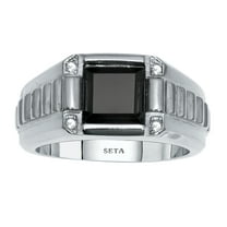 PalmBeach Jewelry Men's Square Cut Simulated Black Agate and Crystal Stainless Steel Ring