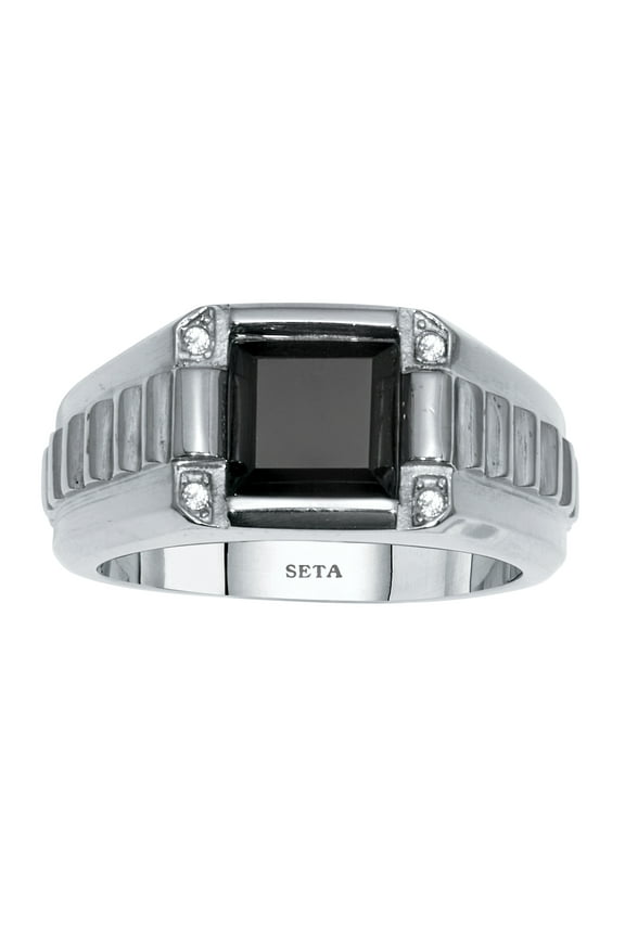Men's Square Cut Simulated Black Agate and Crystal Stainless Steel Ring