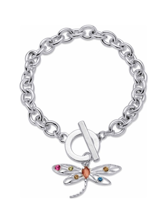 Multi-Color Crystal Dragonfly Charm Rolo-Link Toggle Bracelet in Silvertone 8"