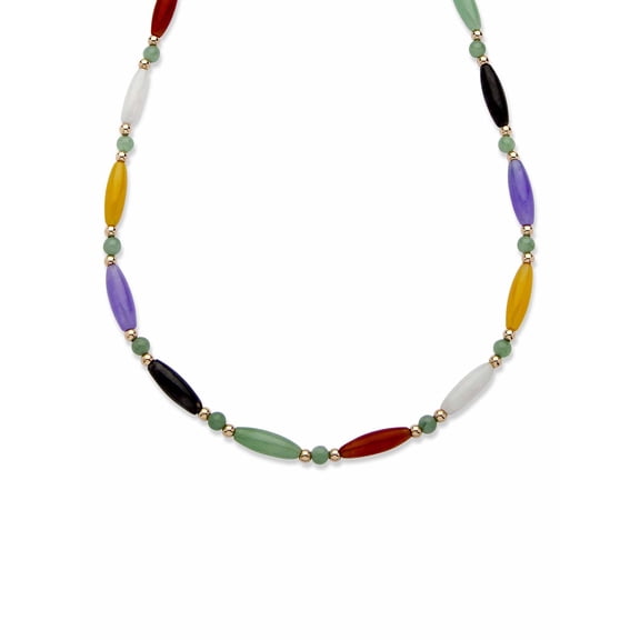 PalmBeach Jewelry Multicolor Jade Beaded and Barrel Shaped Link Necklace in 14k Yellow Gold 18"