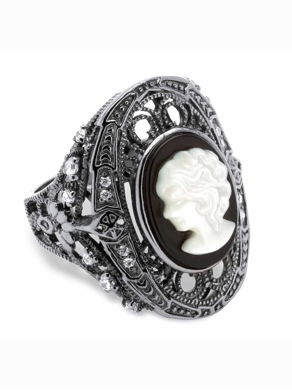 Onyx and Mother-of-Pearl Cameo and Cubic Zirconia Cocktail Ring in Black Rhodium-Plated