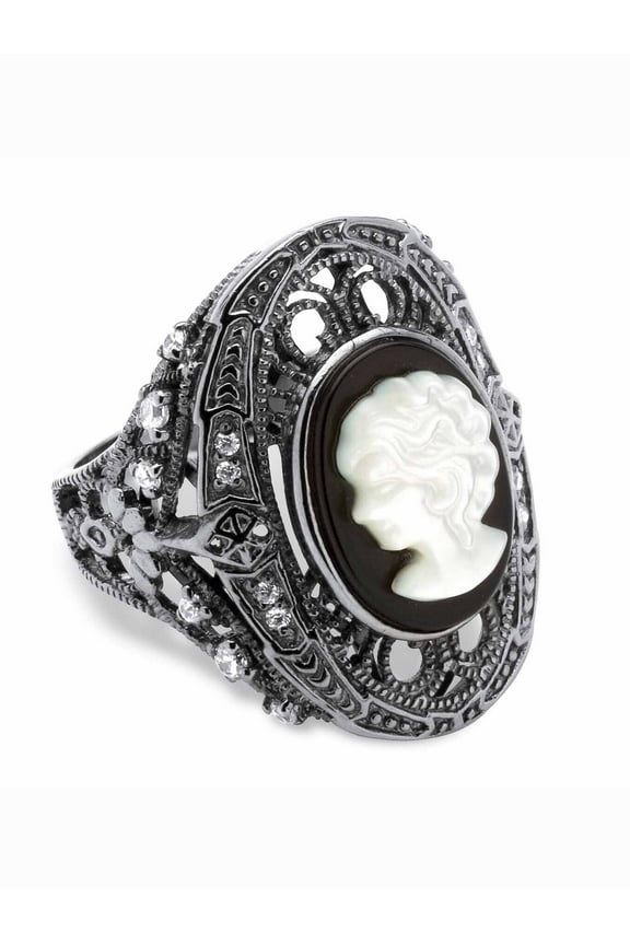 Onyx and Mother-of-Pearl Cameo and Cubic Zirconia Cocktail Ring in Black Rhodium-Plated