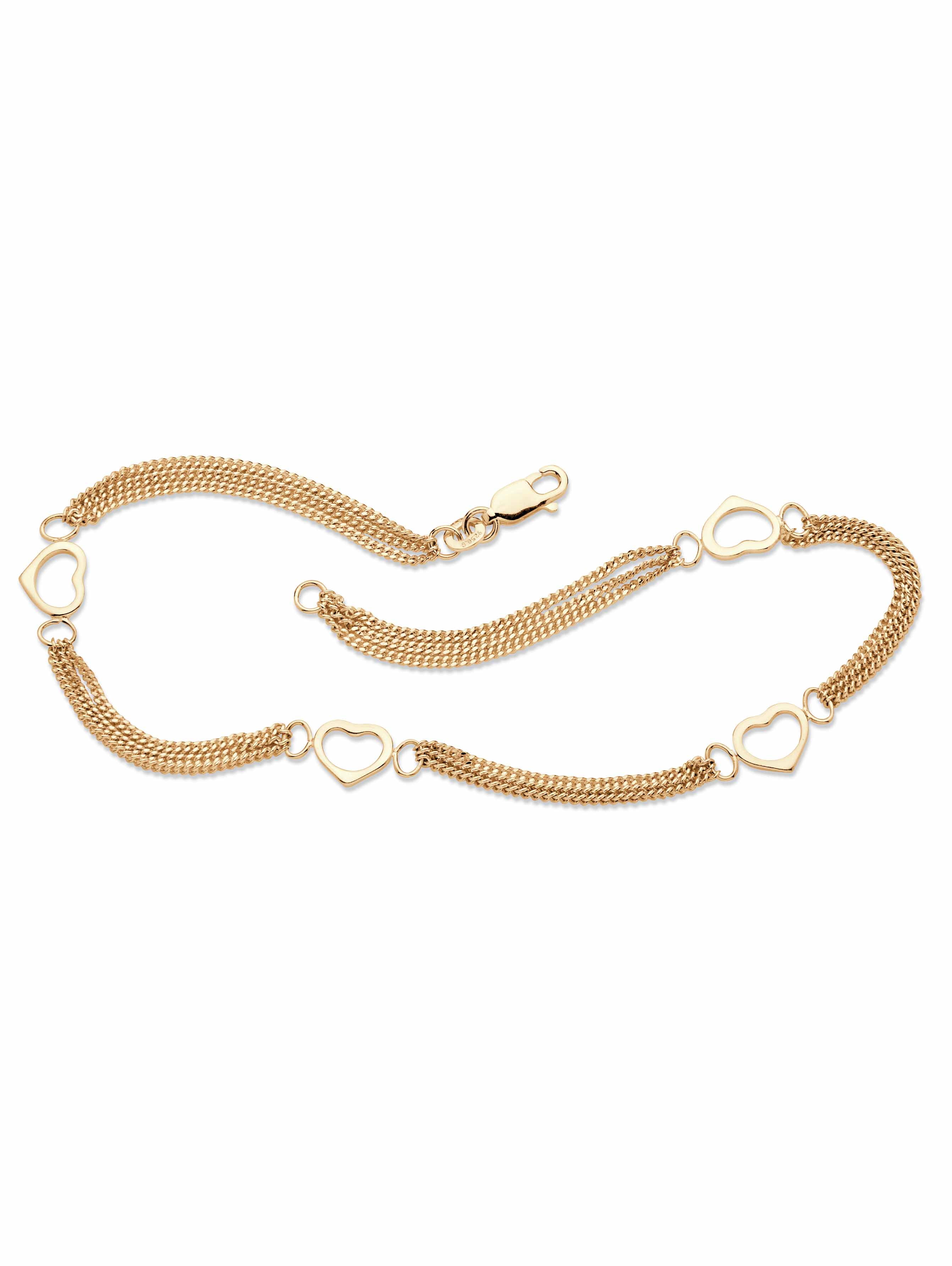 PalmBeach Jewelry Open Heart Station Triple-Strand Ankle Bracelet in Yellow Gold-Plated or Sterling Silver (7.5mm) 10"